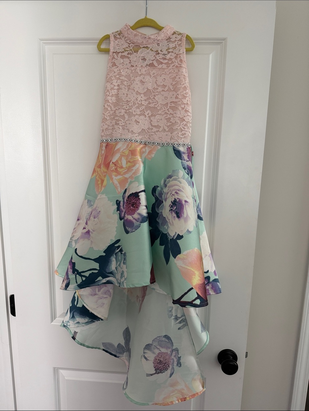 Speechless Pink Lace Bodice Floral High-Low Dress with Jewel Trim